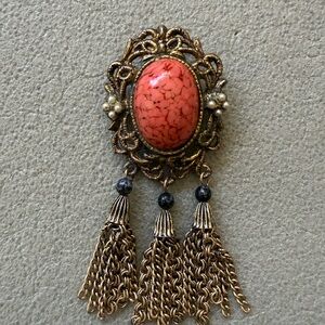 Vintage Gold Brooch with Coral Center Stone, Tassels, Pearls, and Beads (faux)